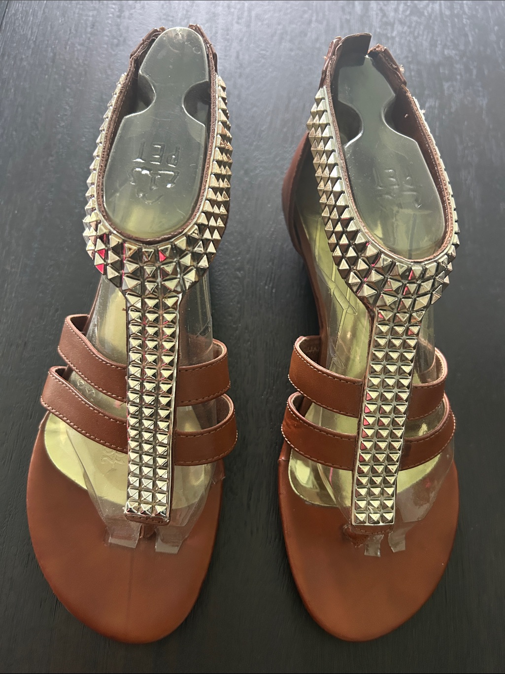 Studded Brown T-Strap Women’s Sandals